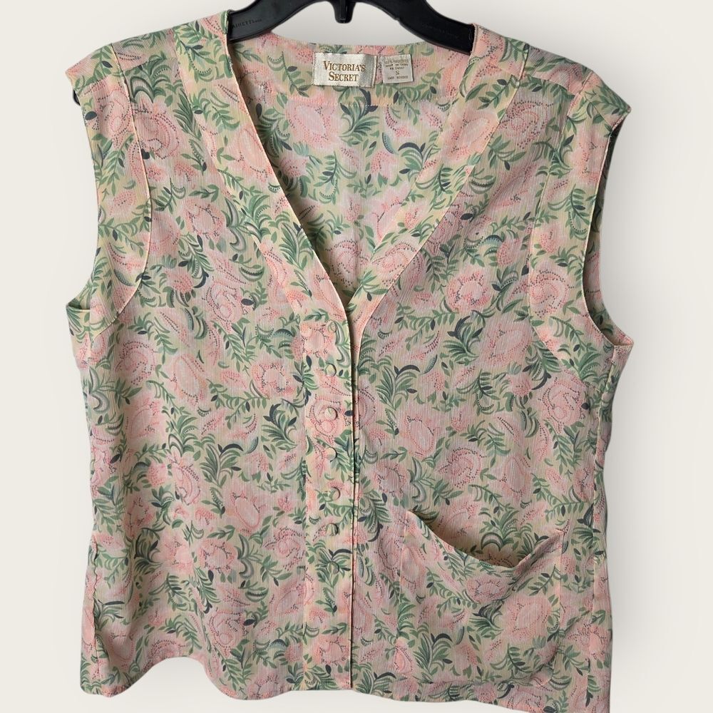 Vintage Victoria's Secret Button Front Floral Top Pink Green Sleeveless